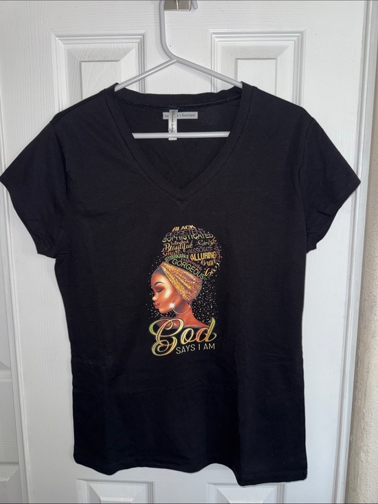Reserved Tops - Reserved Black V-Neck Tee with Gold Graphic — 'God Says I Am'